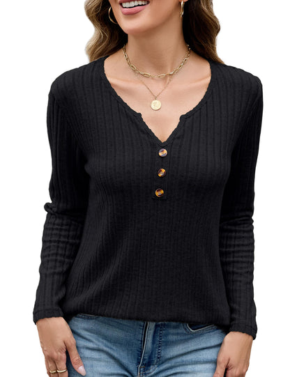 Edelqual Womens Long Sleeve Henley V Neck Sweater Black Size M