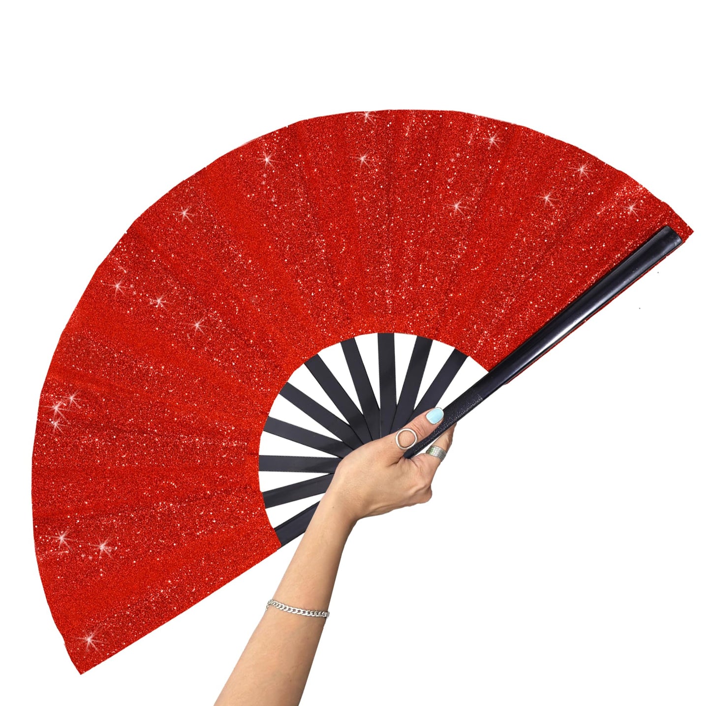 GeGeYa Large Folding Hand Fan Red Glitter for Dance Party Outdoor Decor