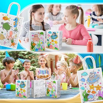 Yaomiao 24 Pcs Color Your Own Kraft Paper Tote Bags Sea Blue