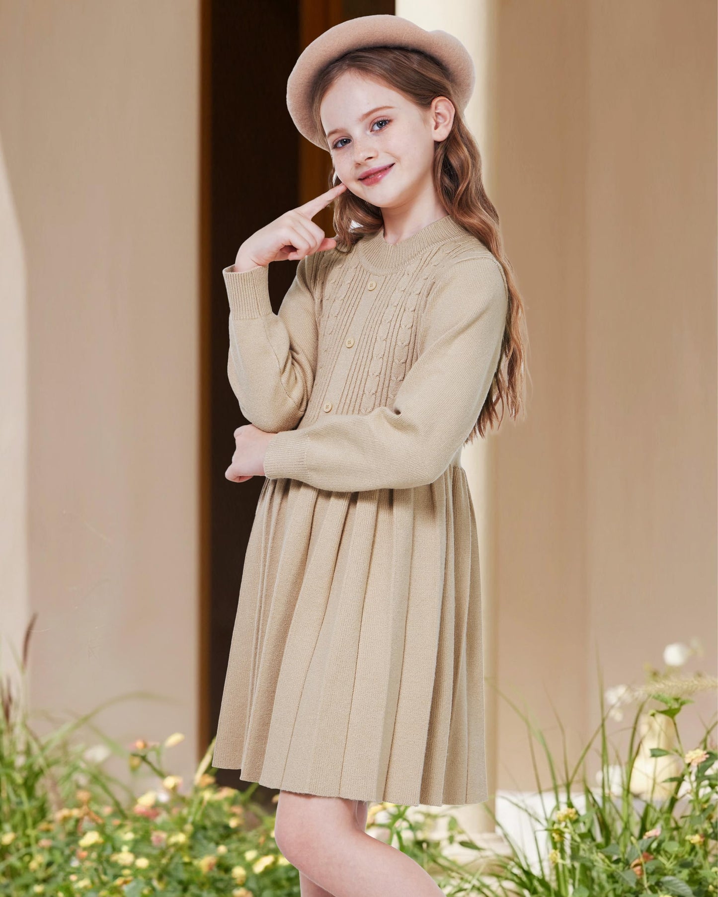 WULFUL Girls Long Sleeve Sweater Dress Pleated Knit Casual Fall Winter 5-12Y
