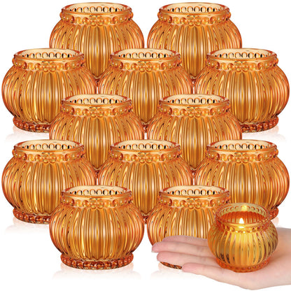 Mumufy 12 Pcs Orange Pumpkin Glass Votive Candle Holders Thanksgiving Decor