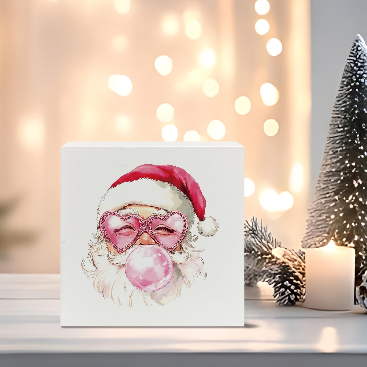XUNLURY Santa Wooden Box Sign Pink Christmas Decor 5x5 Inch