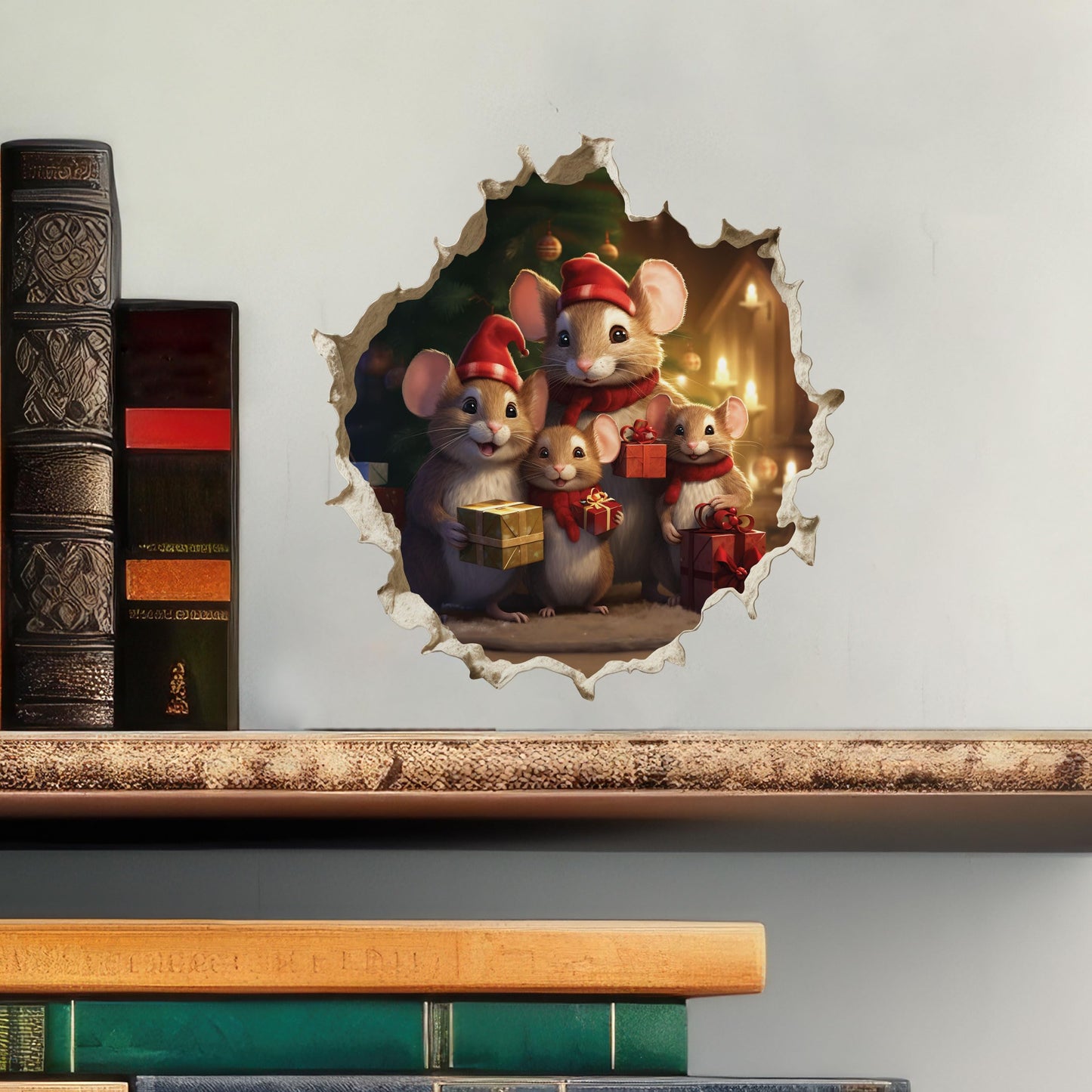 My Wonderful Walls Christmas Family Mouse Hole Decal 3D Effect 5x5 Multi