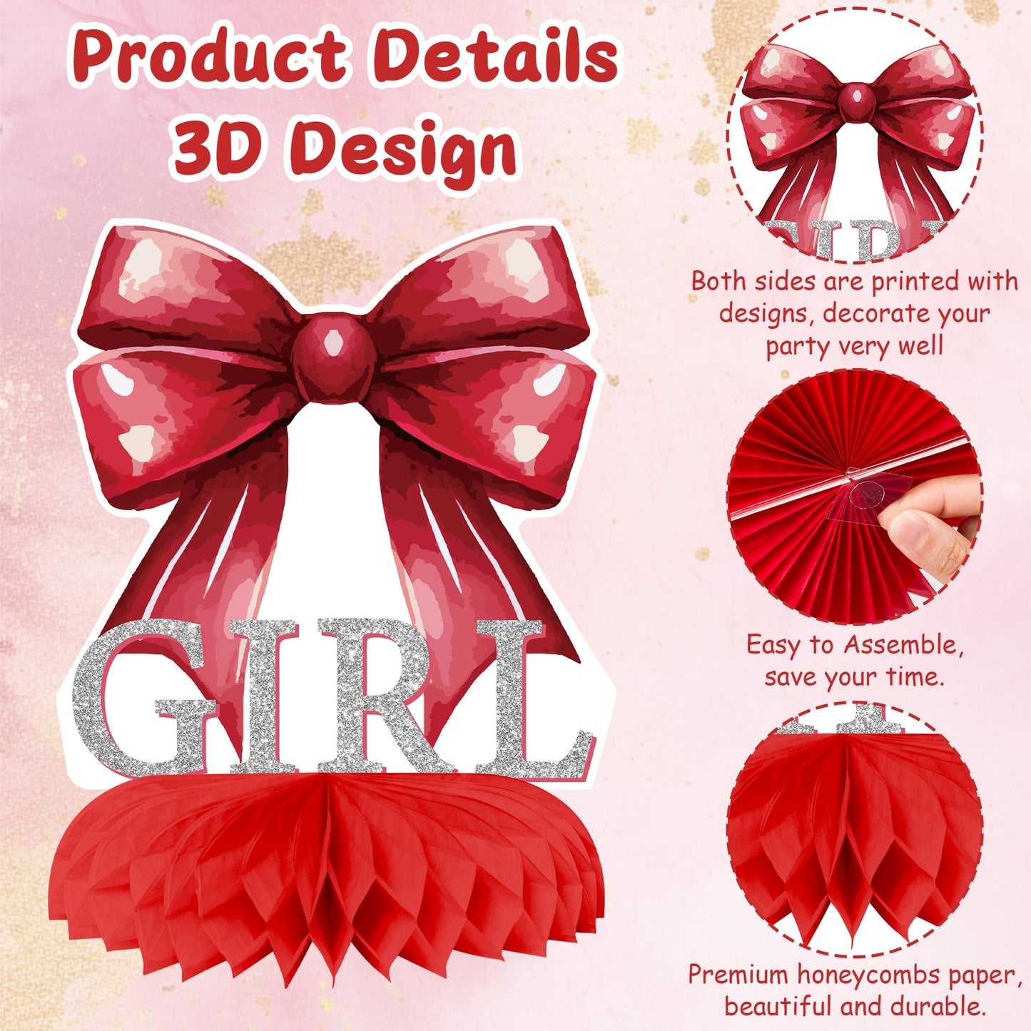 ArowlWesh Red Bow Baby Shower Honeycomb Centerpiece Table Decoration