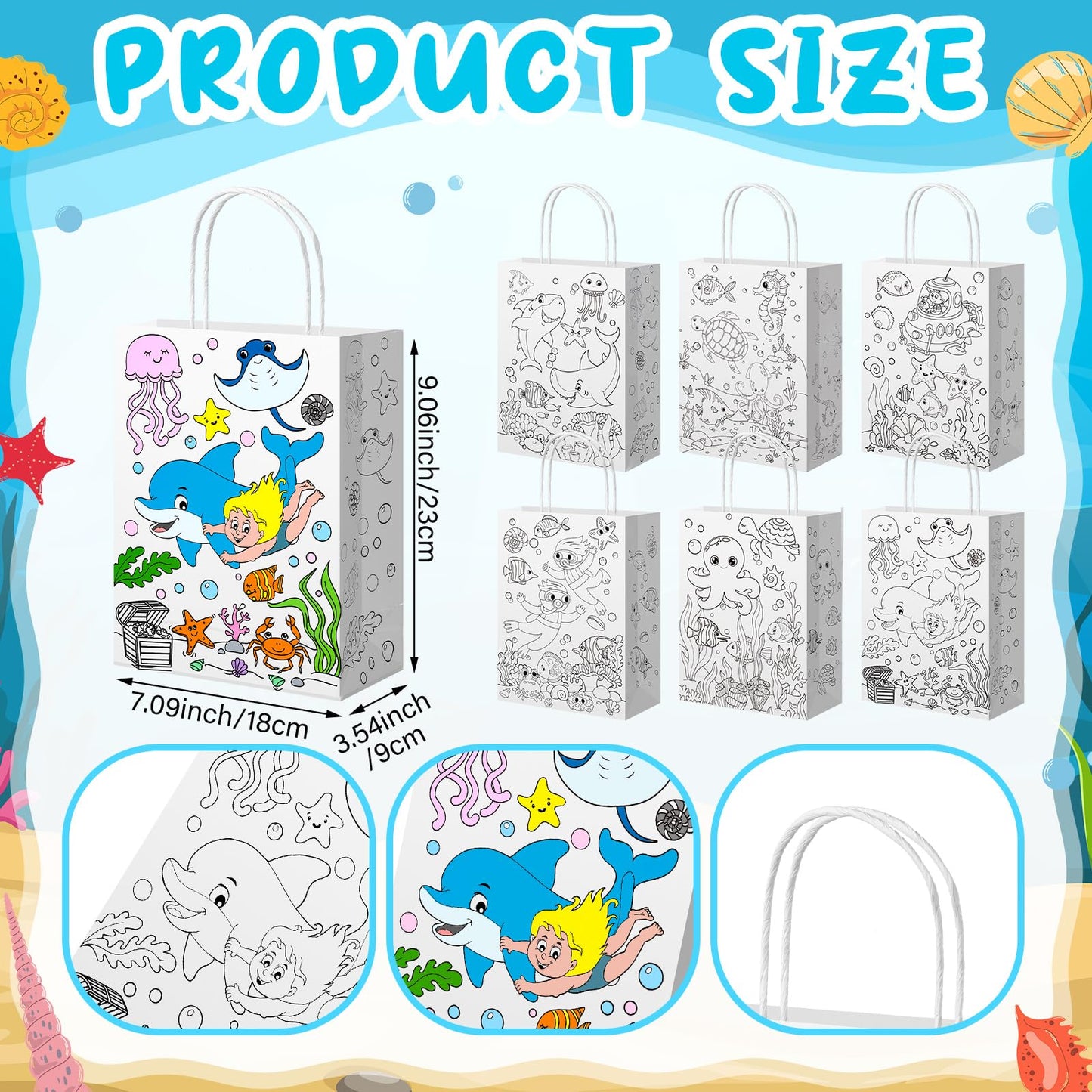 Yaomiao 24 Pcs Color Your Own Kraft Paper Tote Bags Sea Blue