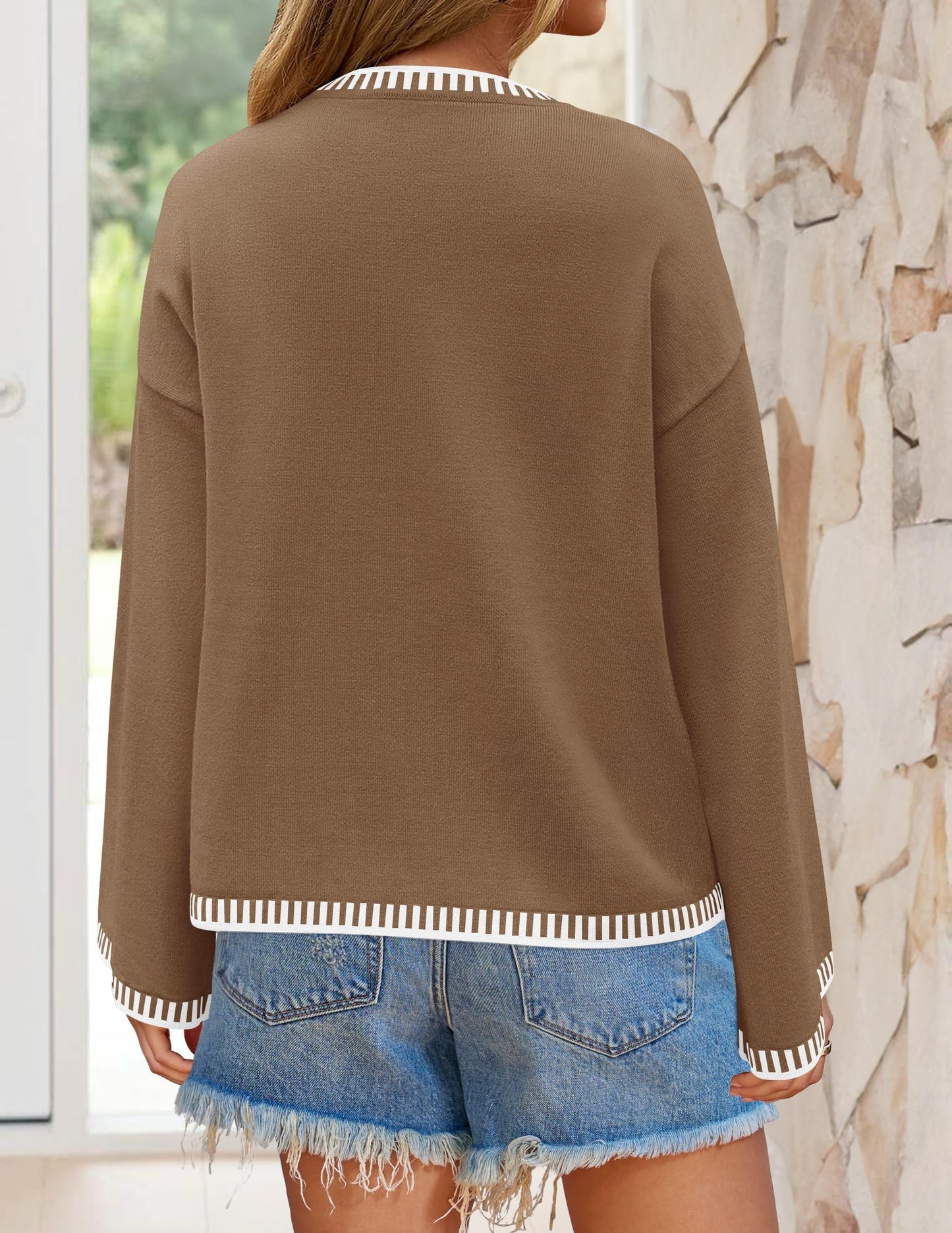 ZESICA Women's Oversized Ribbed Knit Sweater Crewneck Brown Size S