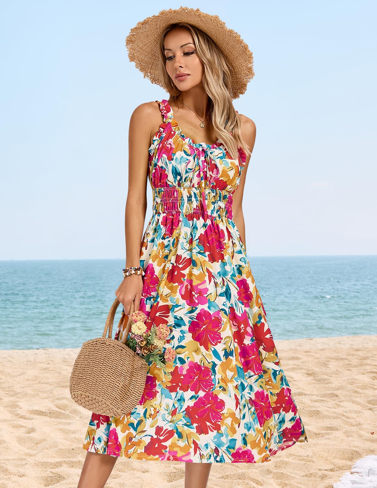 Kate Kasin Womens Floral Wedding Guest Dress Sleeveless Blue Leaves Size M