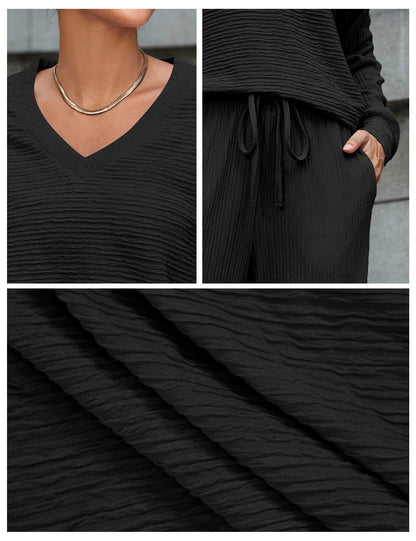 Amoretu Women's Lounge Set V Neck Top Wide Leg Drawstring Pants Black Size L
