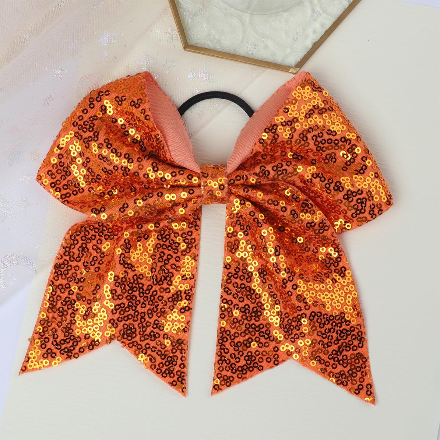 Xepeelo 2Pcs Orange Glitter Bow Elastic Hair Ties Bands Ponytail Holder 1 Count