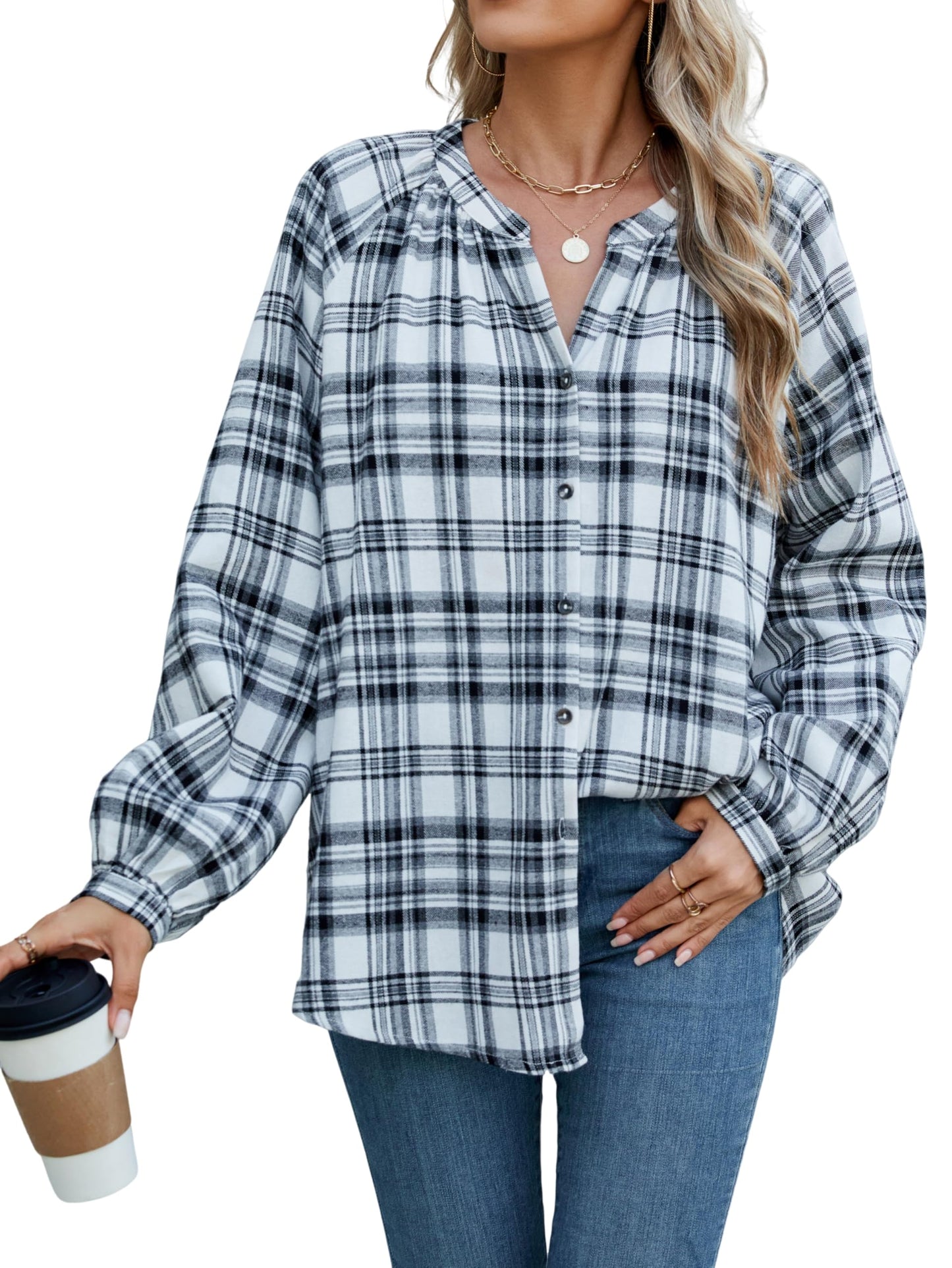 INFITTY Women's Long Sleeve Plaid Flannel Shirt Jacket White Size S