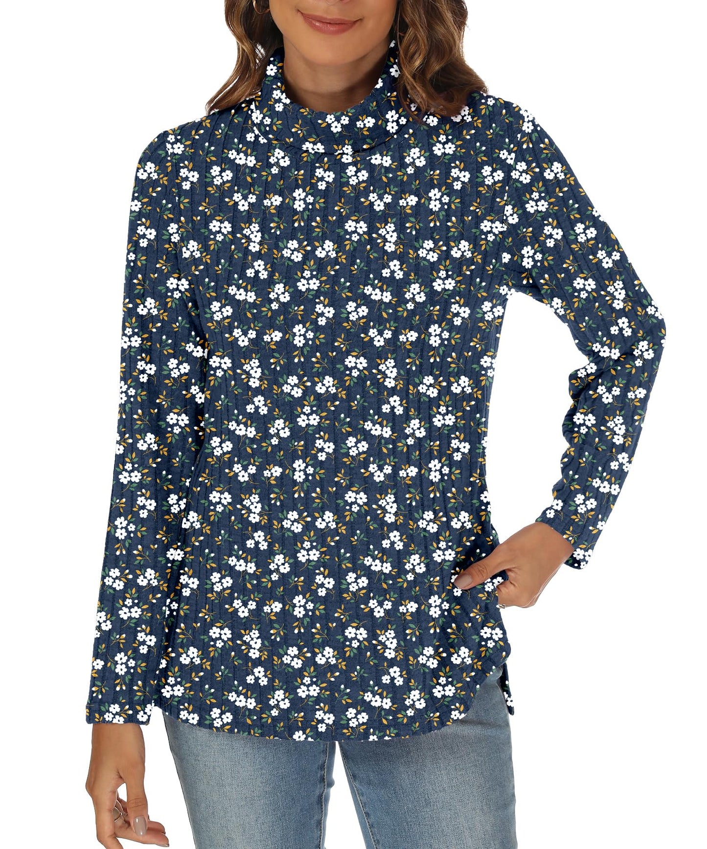 GOUCEHN Women Turtleneck Sweater Pullover Lightweight Blue-White Flo Size XL