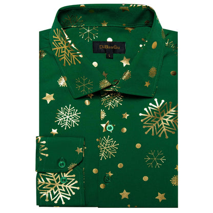 DiBanGu Mens Christmas Long Sleeve Button Down Shirt Green Gold Snowflake Size S