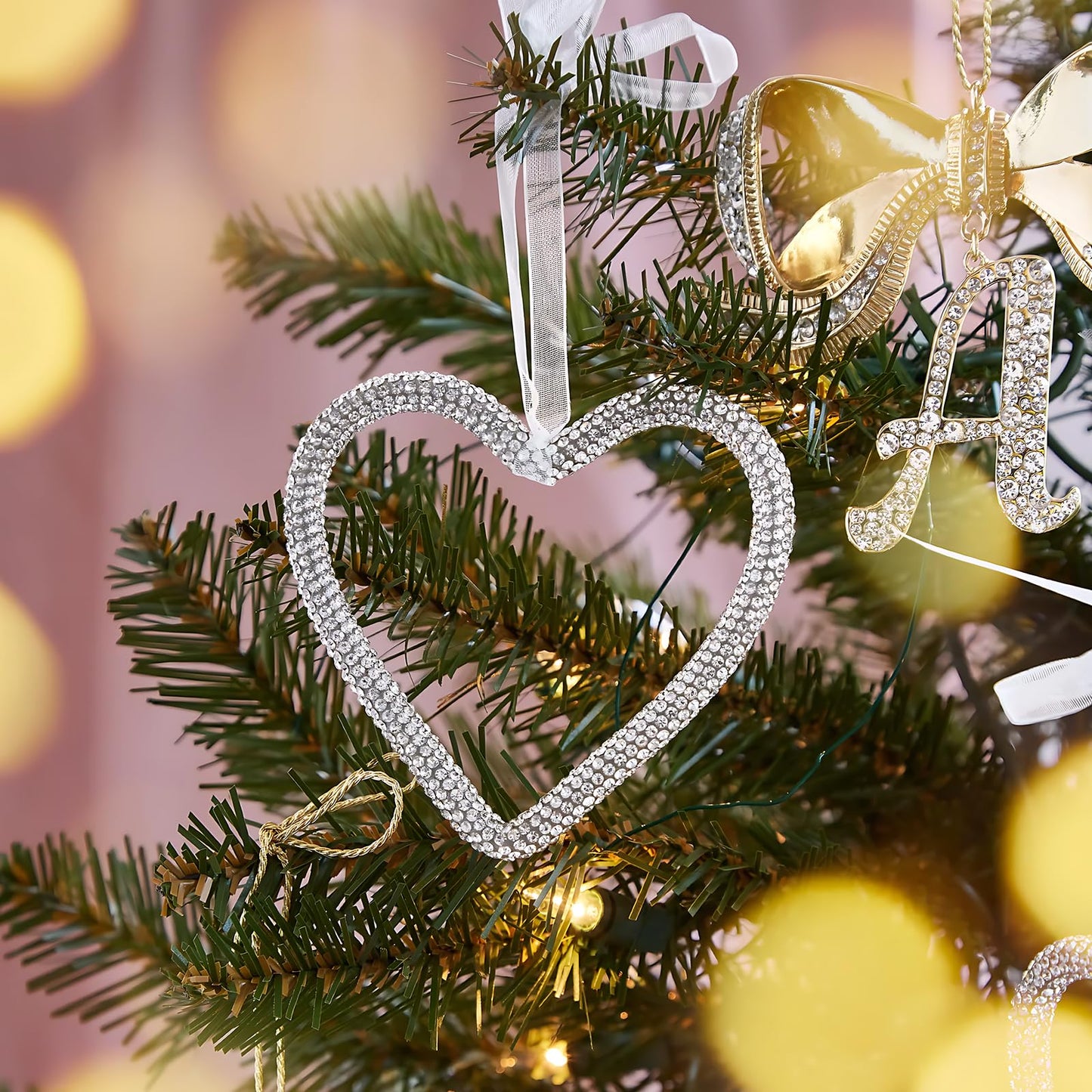 Mrchtmas Christmas Silver Bow Ornament 2025 Heart Rhinestones 1 Pc