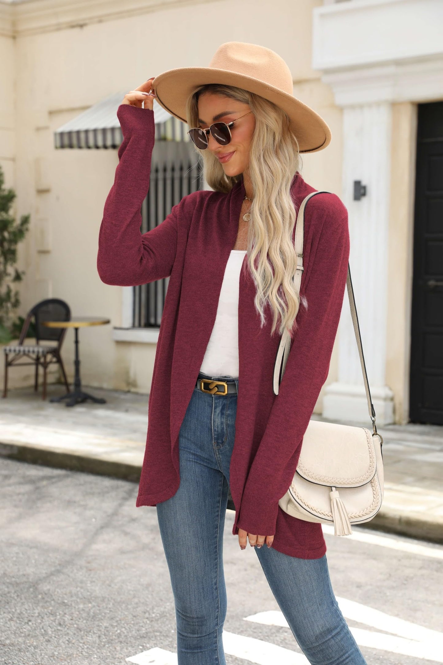 Vanfany Womens Lightweight Open Front Cardigan Knit Burgundy Size XL