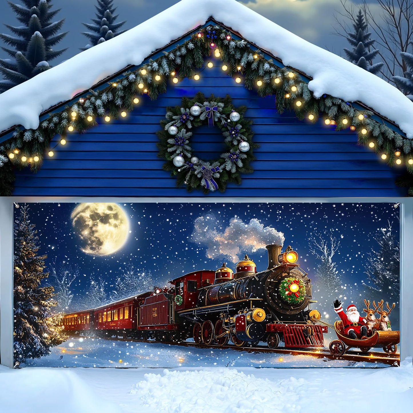Yomaiha Christmas Santa Garage Door Cover Banner 6x13 ft Red Polyester