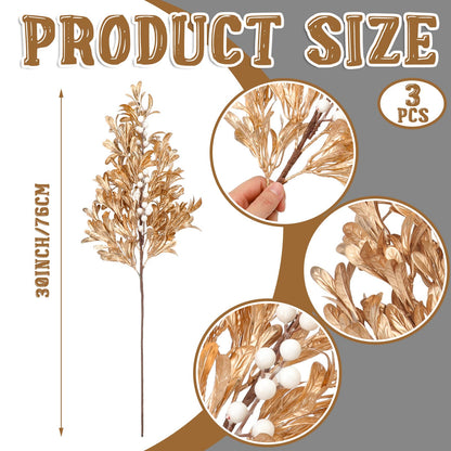Giegxin 3 Pcs 30" Gold Leaf Christmas Tree Picks with White Berry