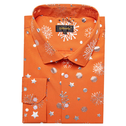 DiBanGu Mens Christmas Long Sleeve Button Down Shirt Orange Silver Size XX-Large