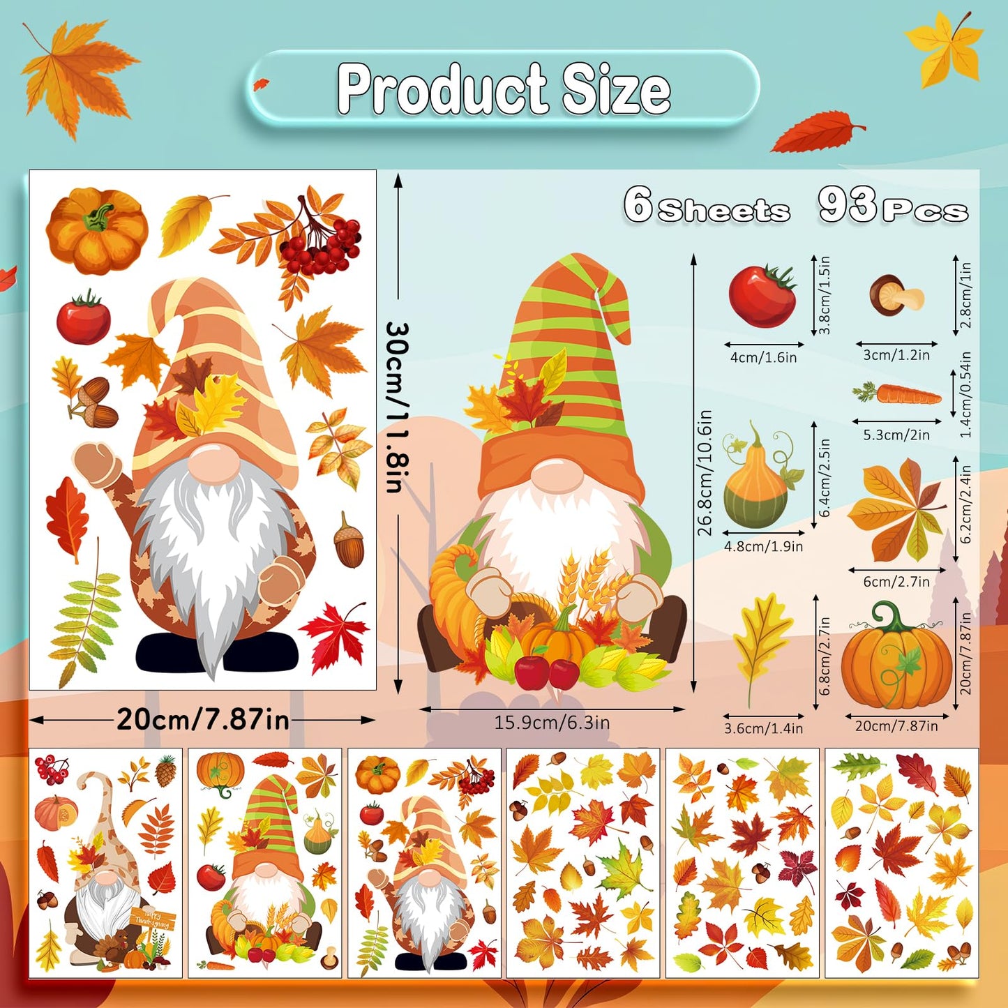Pedel Fall Gnome Window Clings 93Pcs Thanksgiving Autumn Leaves Decals