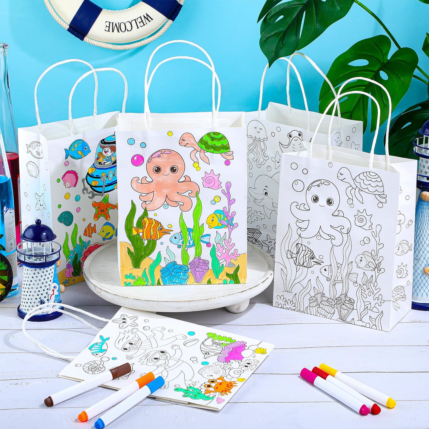 Yaomiao 24 Pcs Color Your Own Kraft Paper Tote Bags Sea Blue