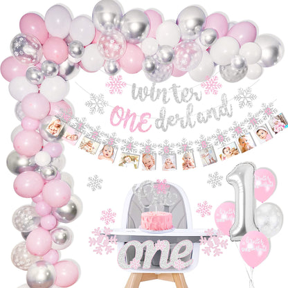 Shempeium Winter Onederland 1st Girl Banner Snowflake Pink Garland