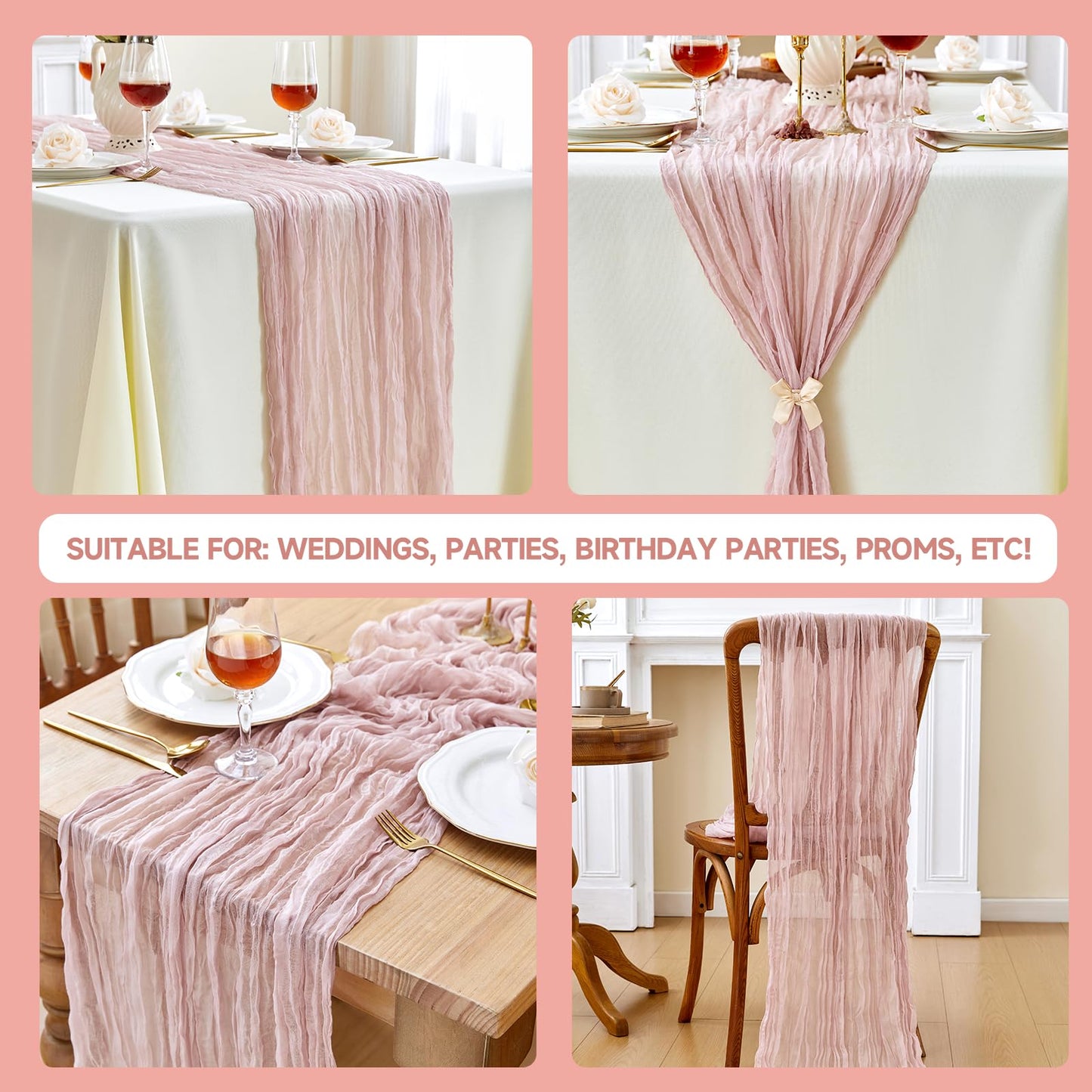 ZKPMJH 6PCS Dusty Pink Cheese Cloth Table Runner 35x120in Boho Gauze