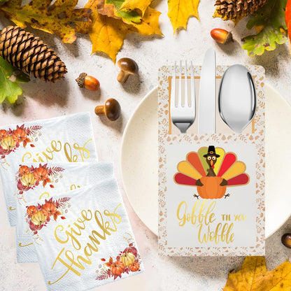 Qeqczow Thanksgiving Gold Foil Napkins & Cutlery Holders Set 68 Pcs