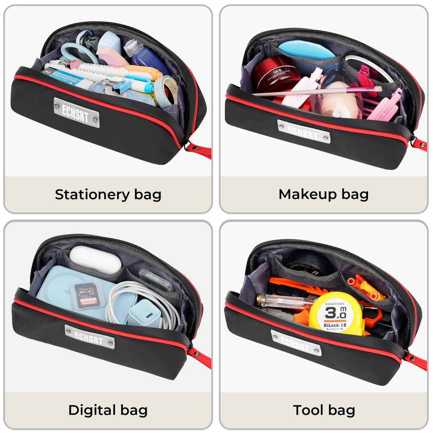 ECHSRT Pencil Case Flat Zipper Organizer Pouch Small Black for Men Women