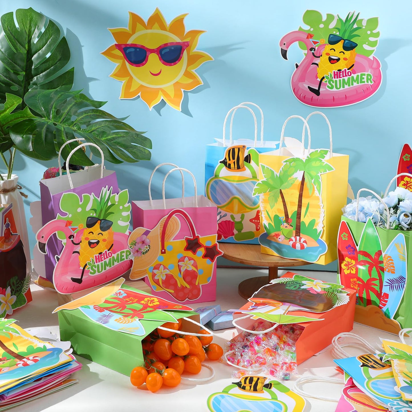 MotiMind 24 Pcs Hawaiian Luau Beach Party Paper Bags with Handles Multicolor