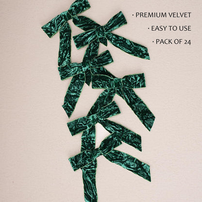 LaRibbons 24 Pcs Green Crinkled Velvet Bows 3.94x3.94in Vintage Style