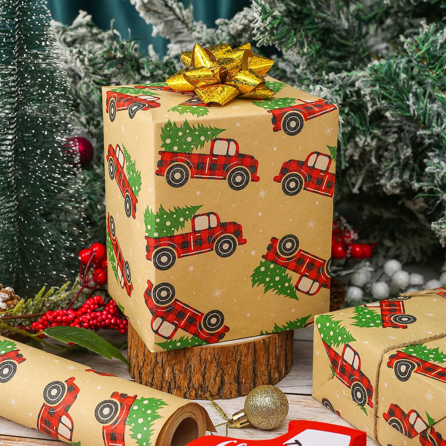 CAMKUZON Kraft Christmas Wrapping Paper Roll Vintage Red Black Plaid 17.4 Inch