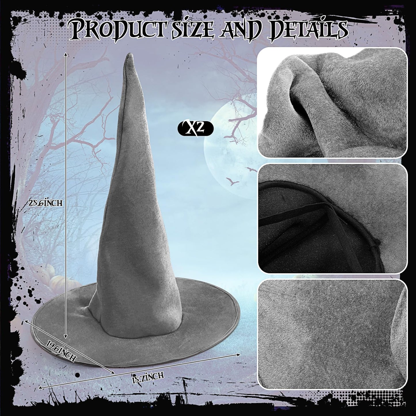 JenPen 2 Pcs Large Halloween Witch Hat Women Velvet Ruched Wide Gray One Size