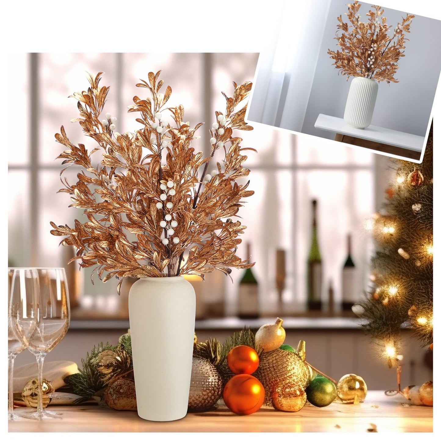 Giegxin 3 Pcs 30" Gold Leaf Christmas Tree Picks with White Berry