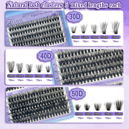 KLHYIT Wispy Lash Clusters 300PCS 10-22mm Mixed D C 30D-50D Eyelash Extensions