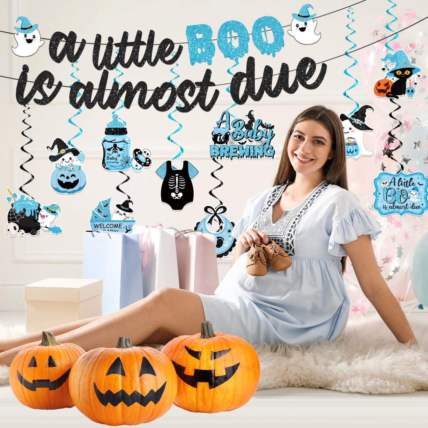 OGMOGKW Halloween Baby Shower Banner Blue A Little Boo Is Almost Due