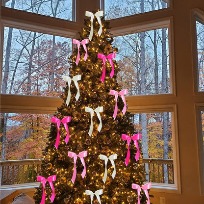 WISEgham Satin Ribbon Bows Christmas Tree Wreath Decor Pink Beige 24 Pc 8.1x9in