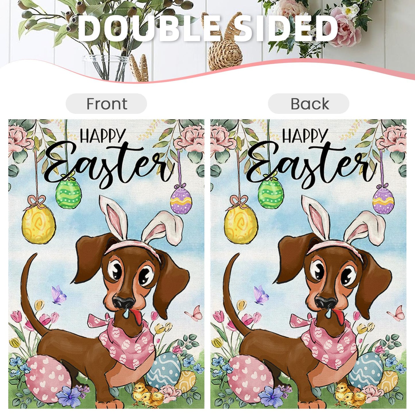 EKOREST Easter Garden Flag 12x18in Double Sided Watercolor Dachshund Dog