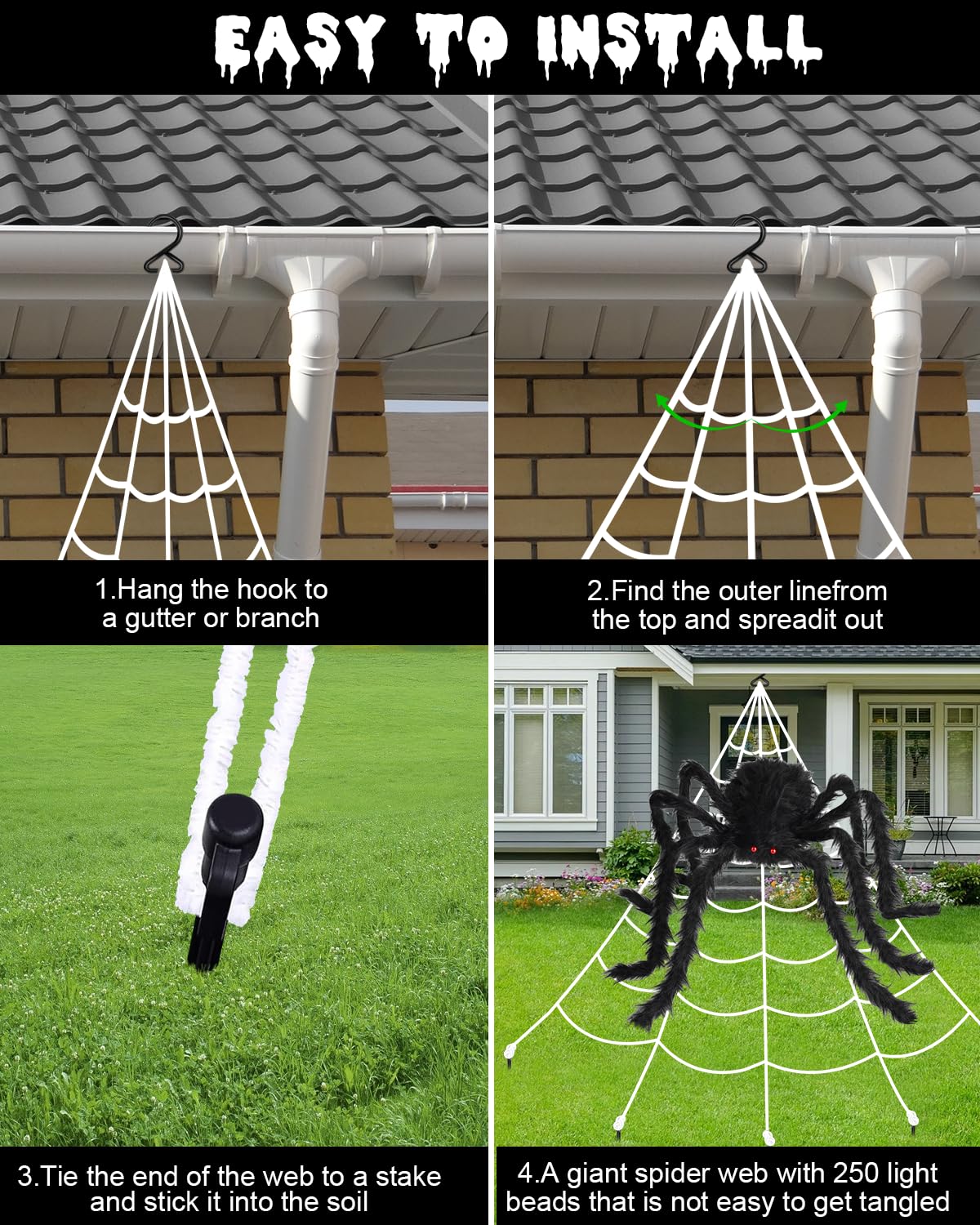 ECOHDT Brighter Spider Webs Halloween Lights 250 Purple LED 16.4Ft 8 Modes