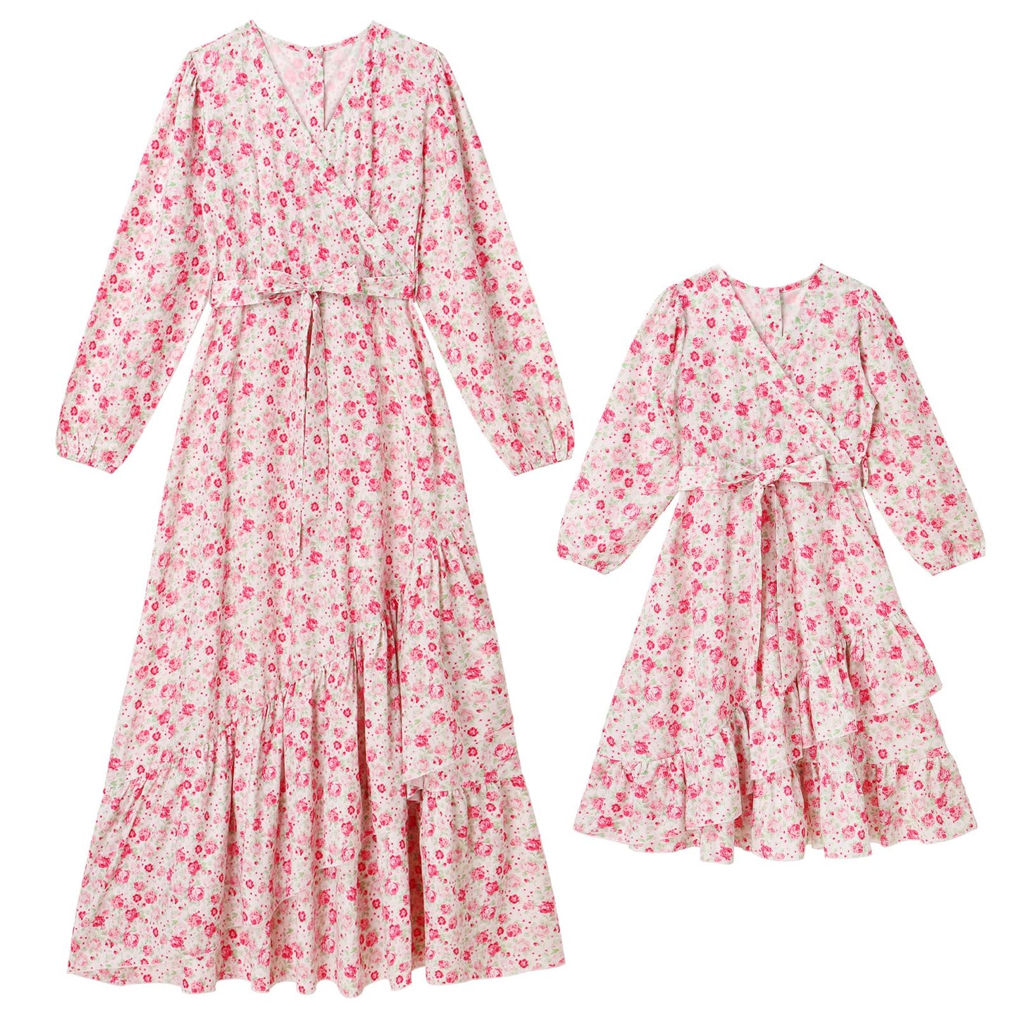 AWIBMK Mommy and Me Floral Boho A-Line V Neck Long Sleeve Dress Blue Pink Size L