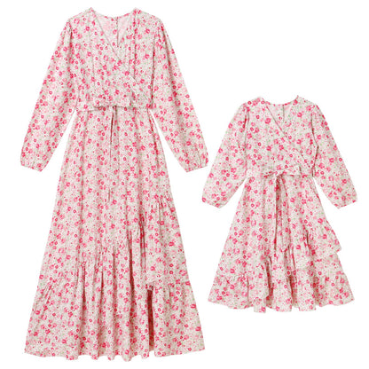 AWIBMK Mommy and Me Floral Boho A-Line V Neck Long Sleeve Dress Blue Pink Size L