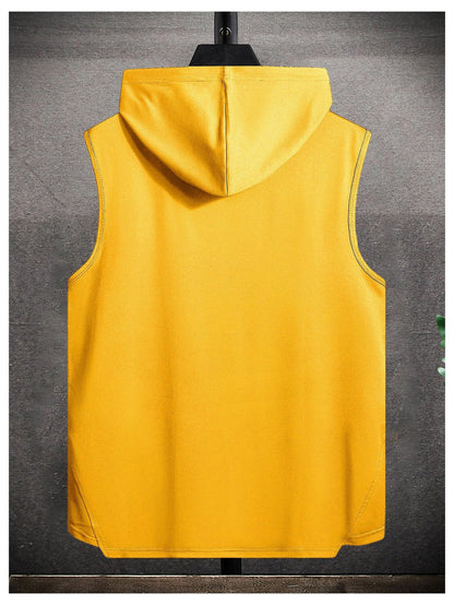 VIPWOLF Men's Sleeveless Hoodie Tank Top Drawstring High Low Hem Yellow Size L