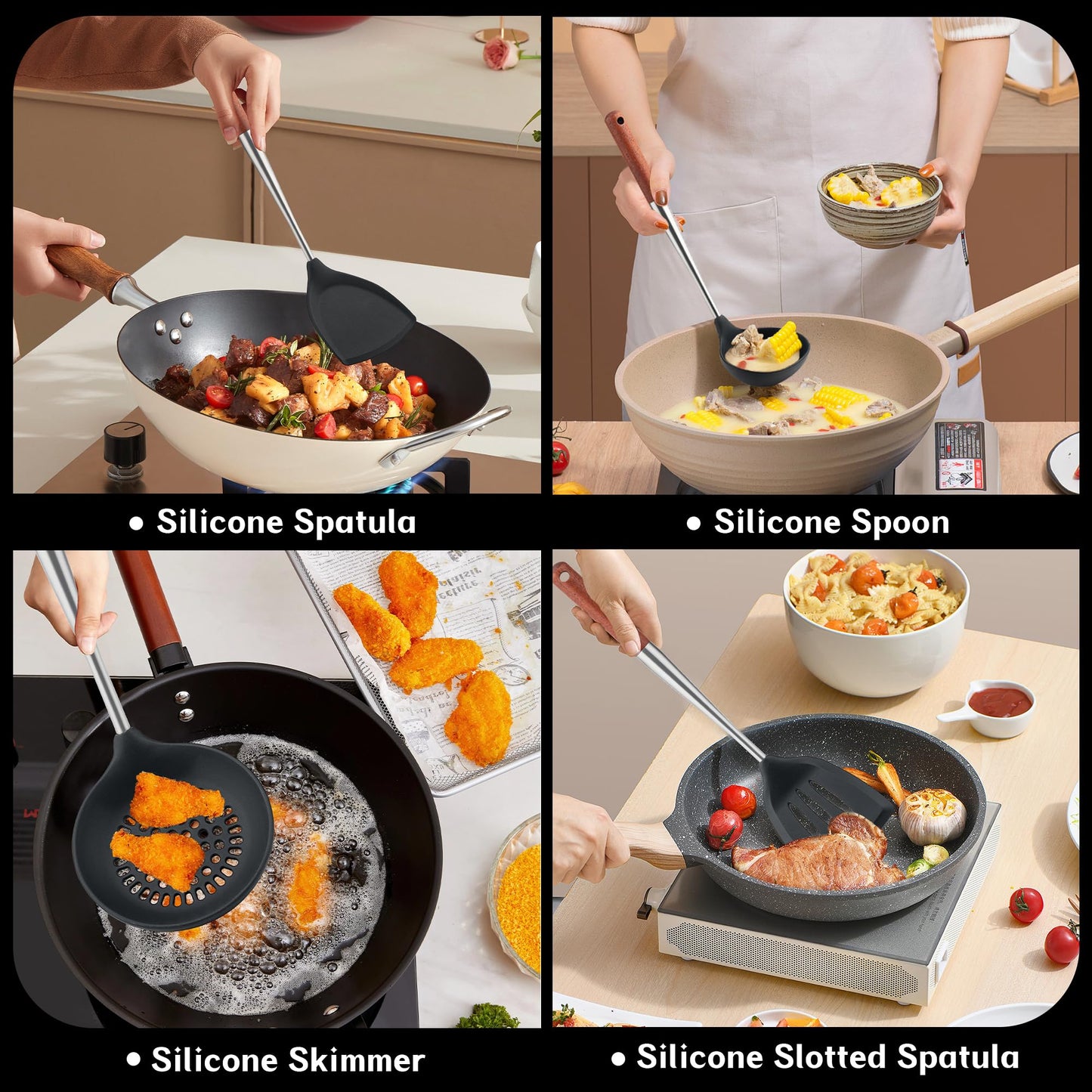FJNATINH Silicone Spatula Turner Ladle Skimmer Set Stainless Steel Wood 4Pc