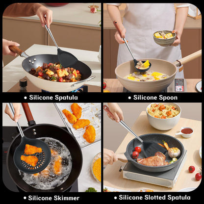 FJNATINH Silicone Spatula Turner Ladle Skimmer Set Stainless Steel Wood 4Pc