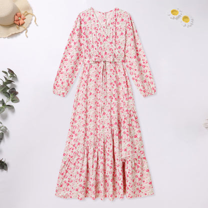 AWIBMK Mommy and Me Floral Boho A-Line V Neck Long Sleeve Dress Blue Pink Size L