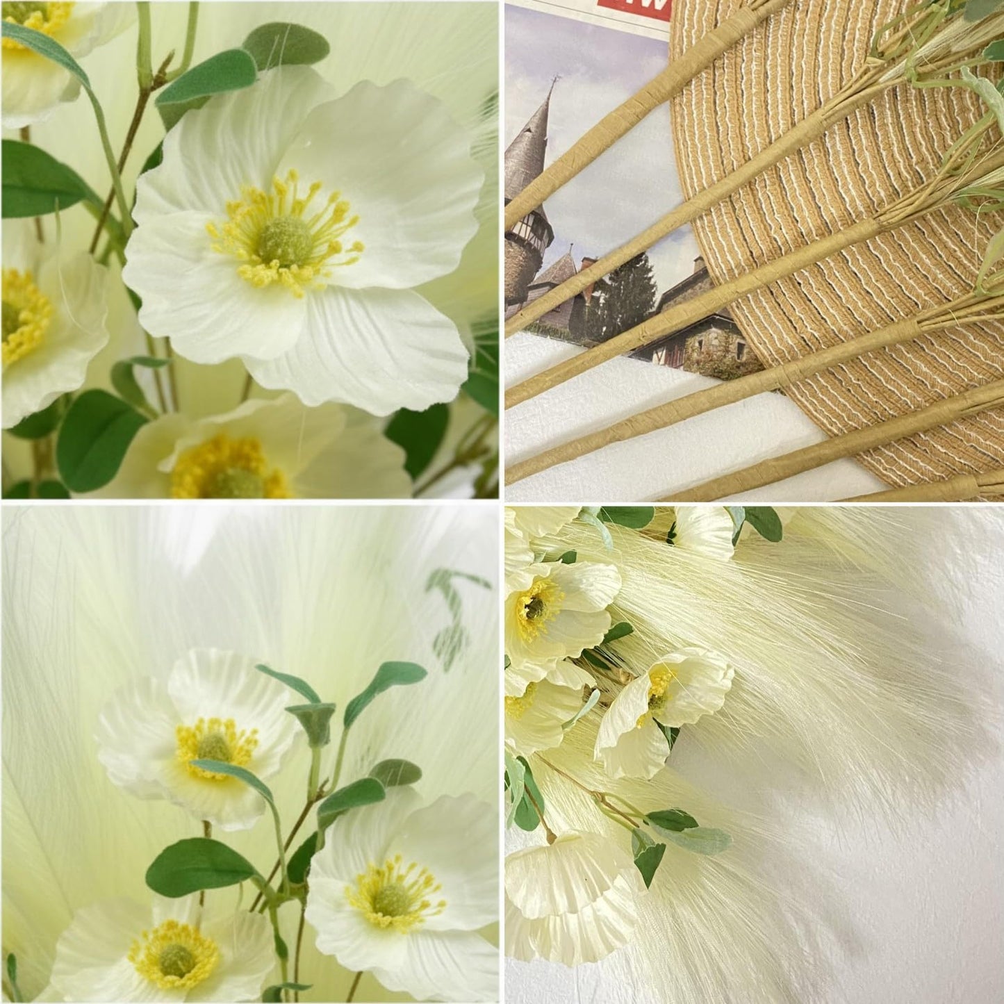 NoriStyle Silk White Artificial Poppy Flowers 6 Pcs Long Stems Indoor Decor