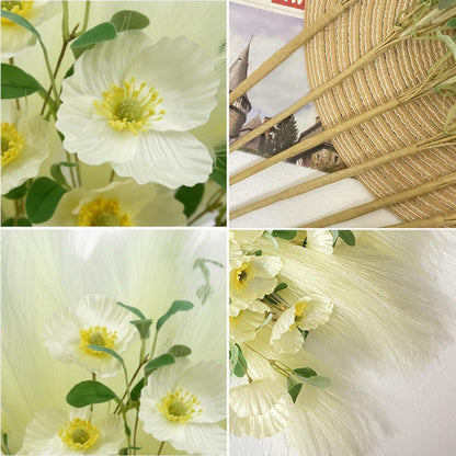 NoriStyle Silk White Artificial Poppy Flowers 6 Pcs Long Stems Indoor Decor