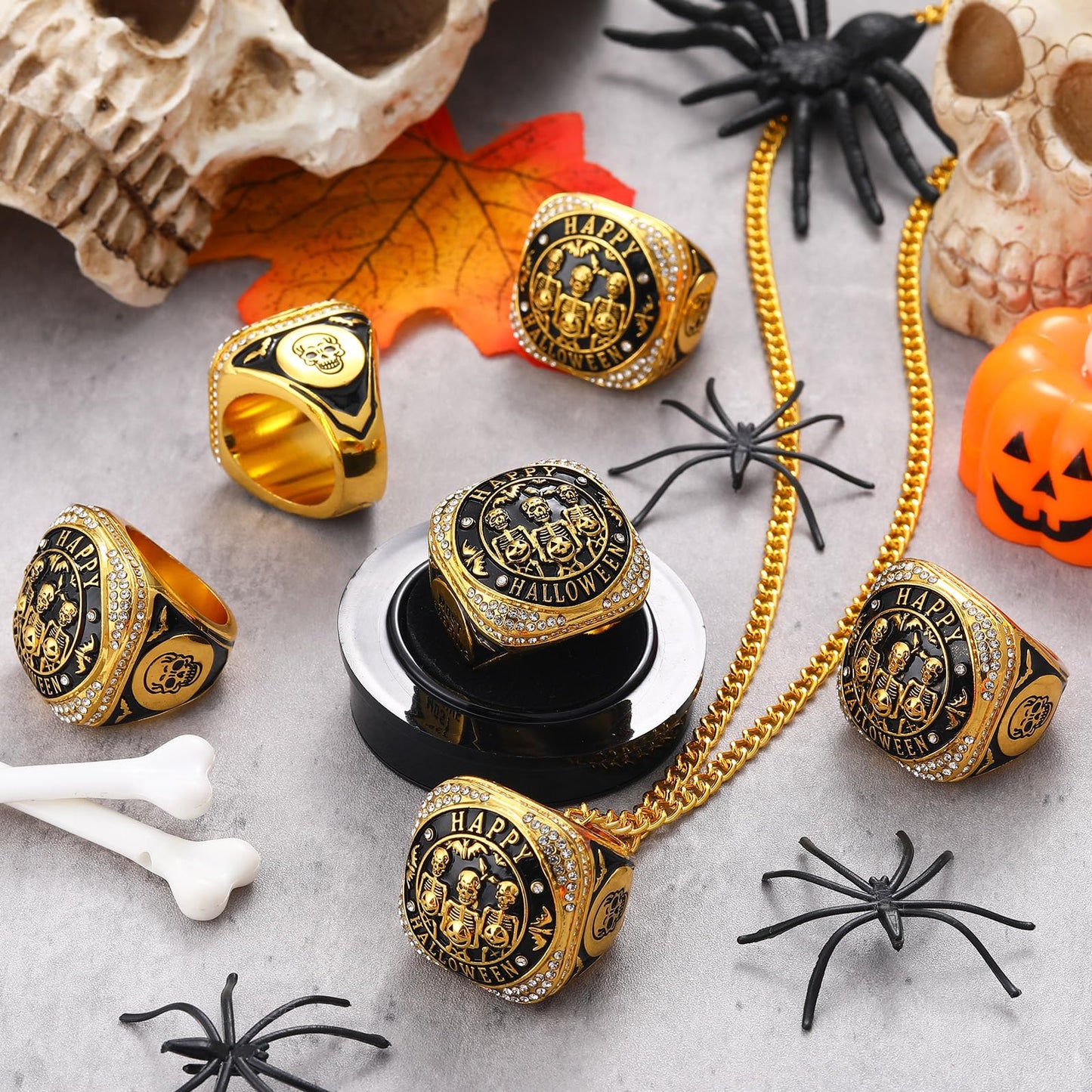 Highergo Halloween Skeleton Trophy Rings Set 6pcs with Neck Chain Stand