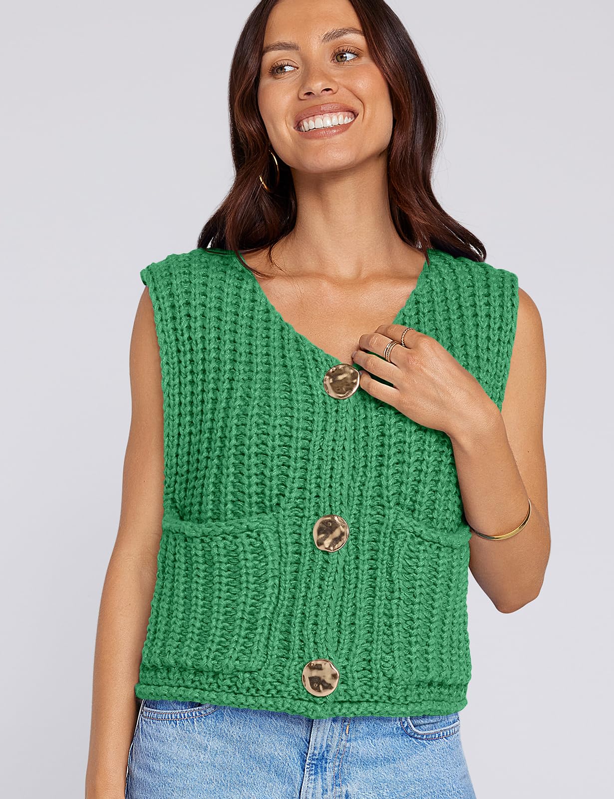 UEU Women's V Neck Crochet Sweater Vest Sleeveless Cardigan Green Size M