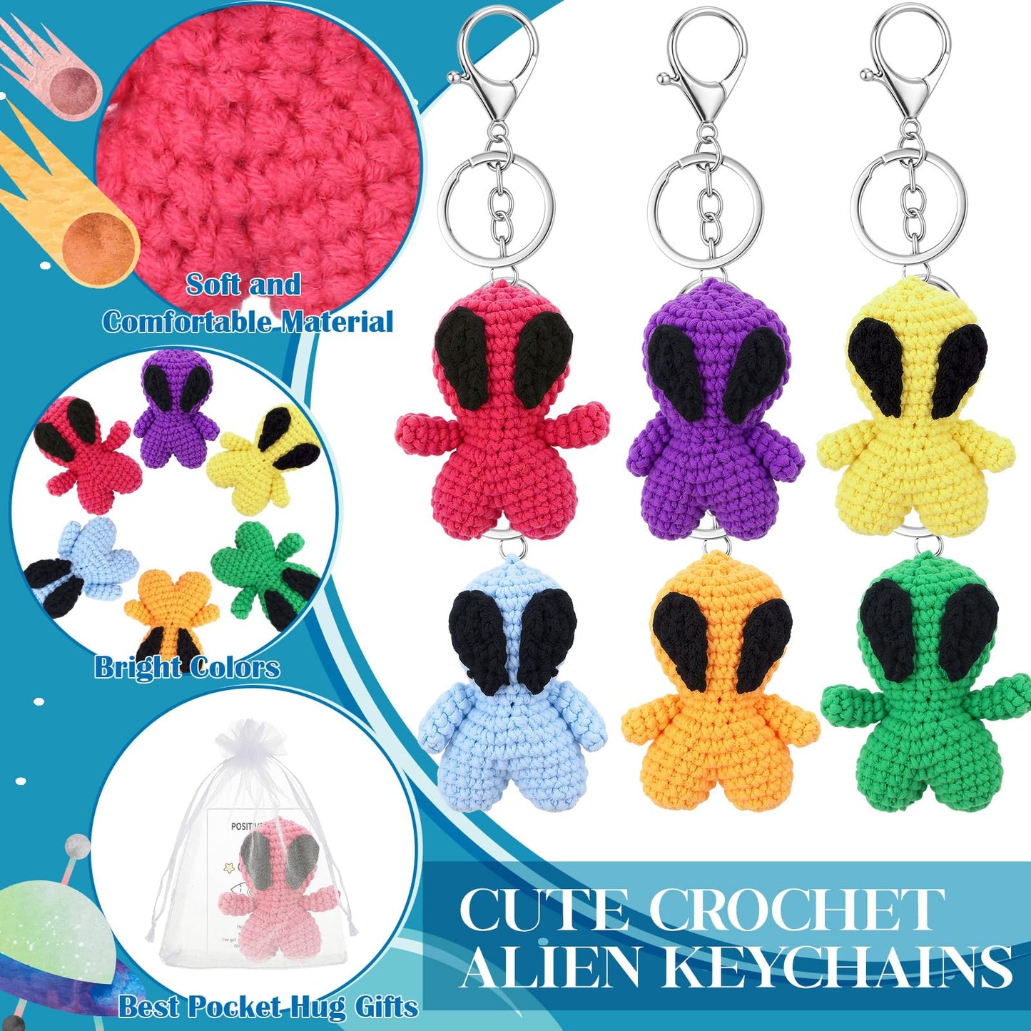 VioraWhite 6 Pcs Crochet Alien Keychain Set Colorful Space Yarn Gift