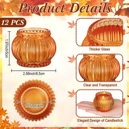 Mumufy 12 Pcs Orange Pumpkin Glass Votive Candle Holders Thanksgiving Decor
