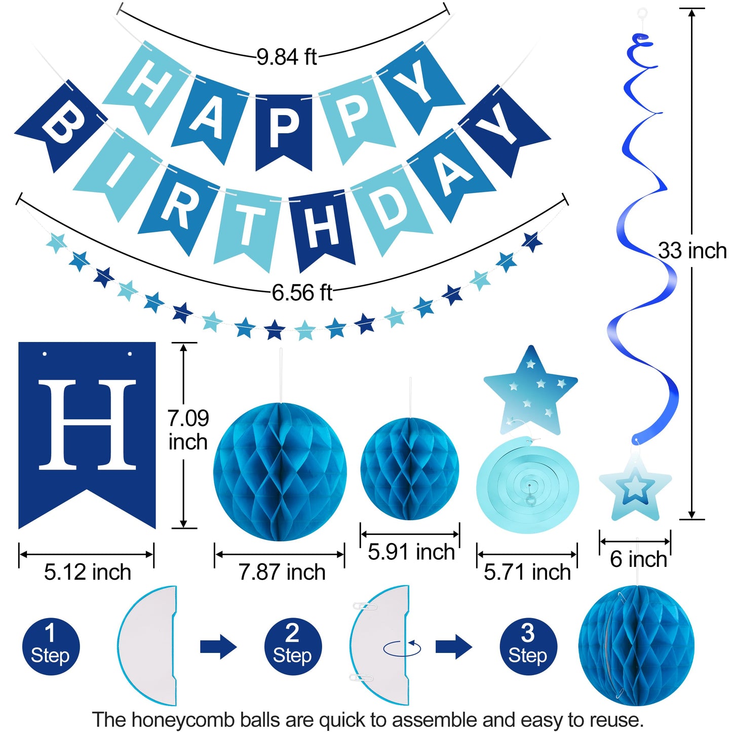 Crosize Blue Birthday Decorations Kit Pre-Strung Banner Tissue Poms Star Garland